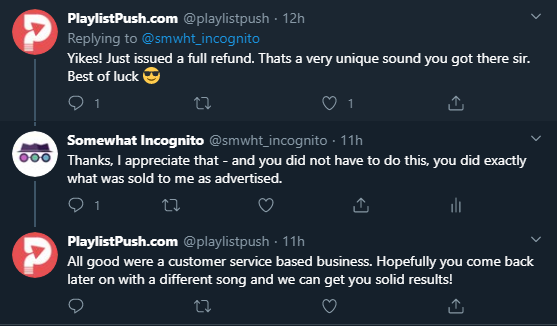 tweet with playlistpush about refund for services